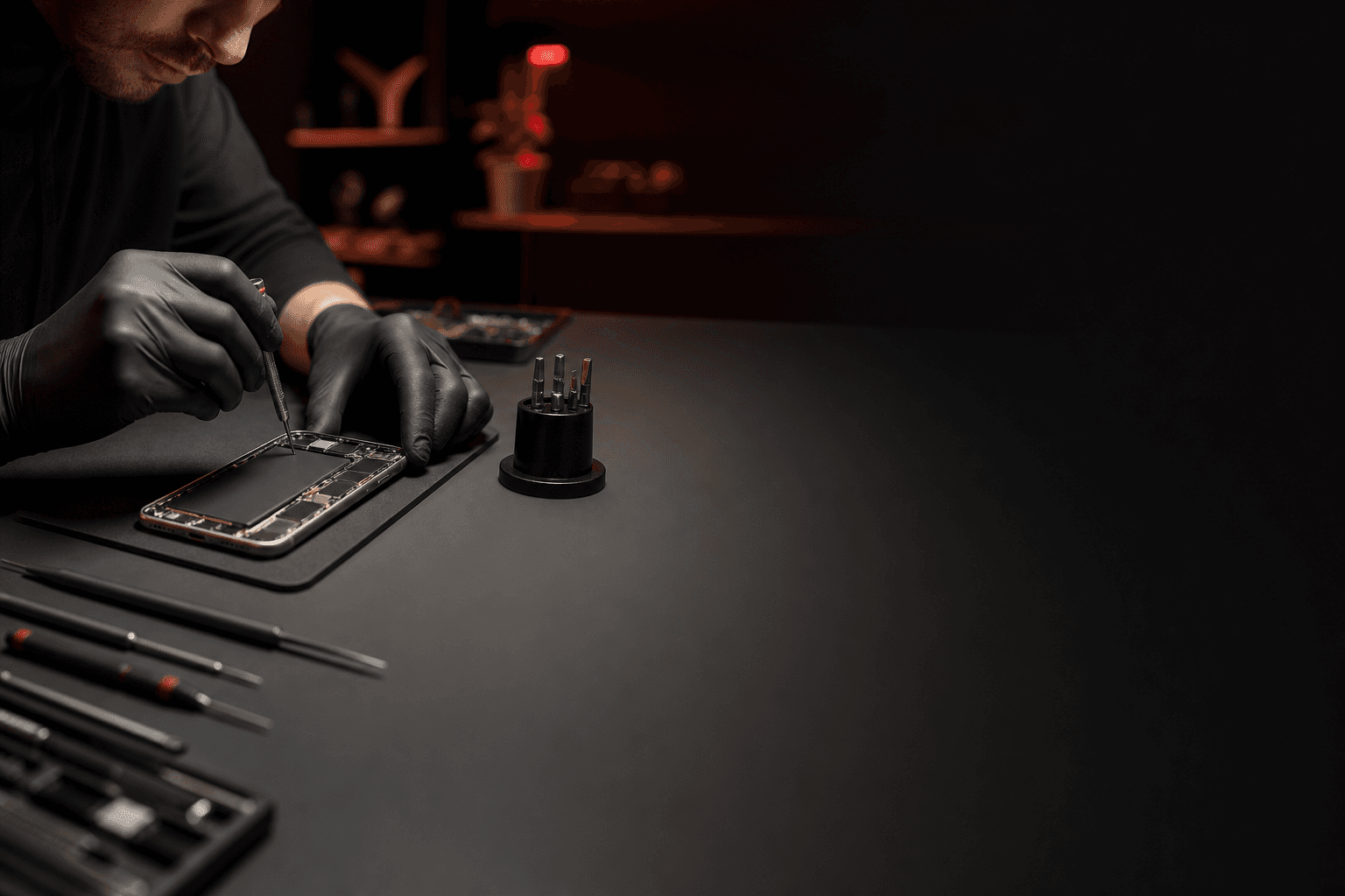 Atelier de réparation smartphone avec outils de précision